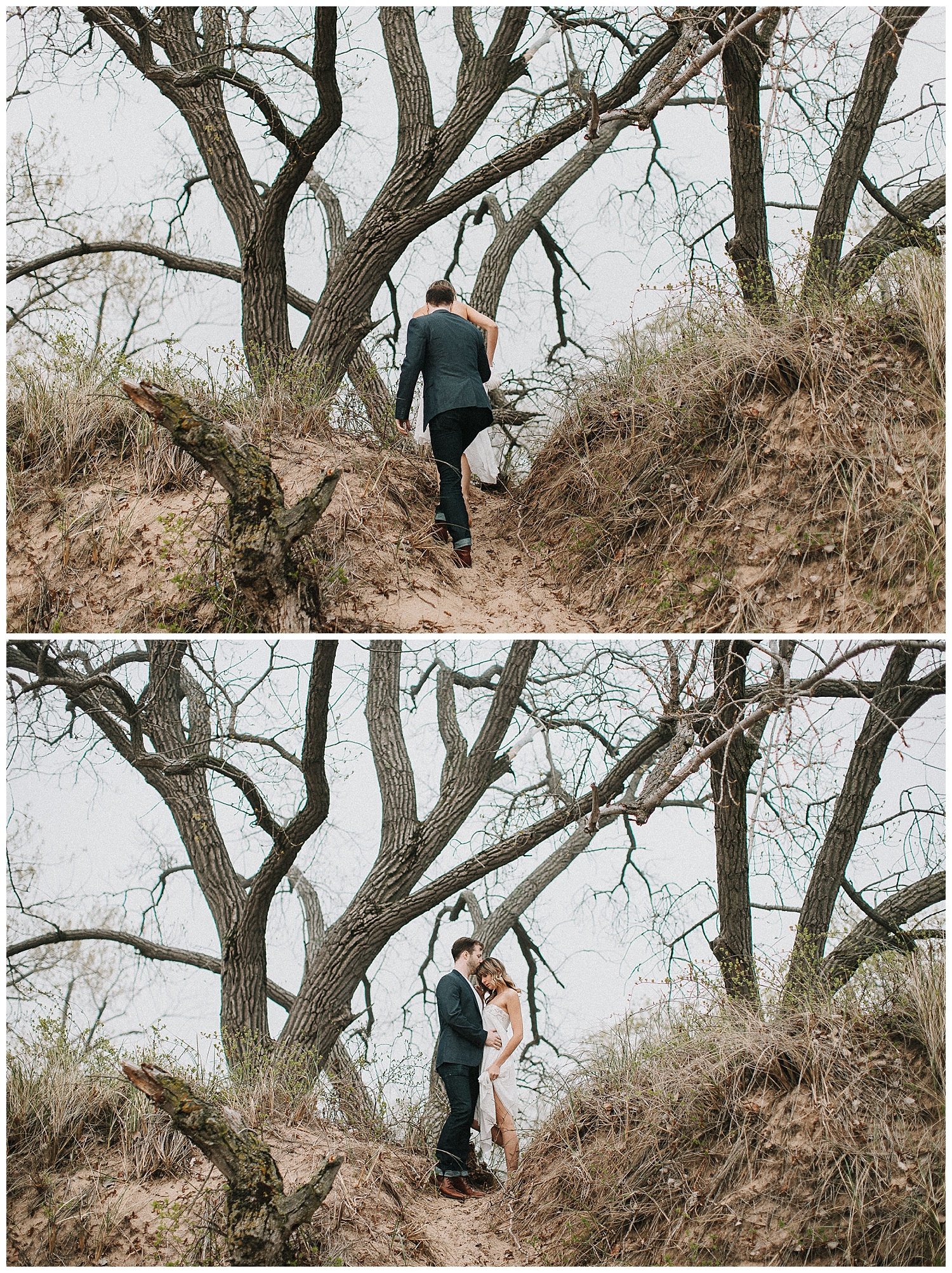 foggy engagement pictures on Lake Michigan