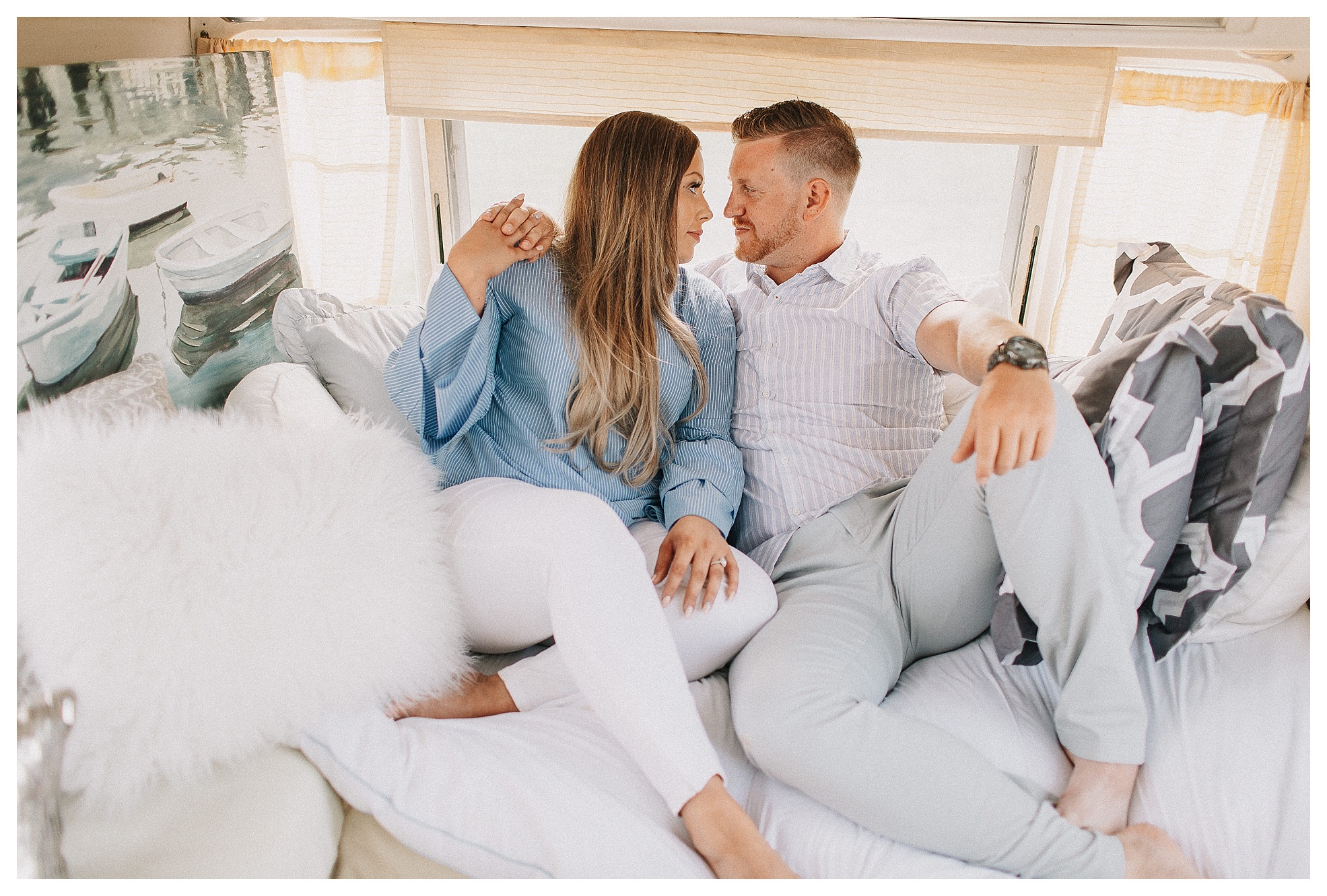 cozy lifestyle engagement pictures in a vintage airstream