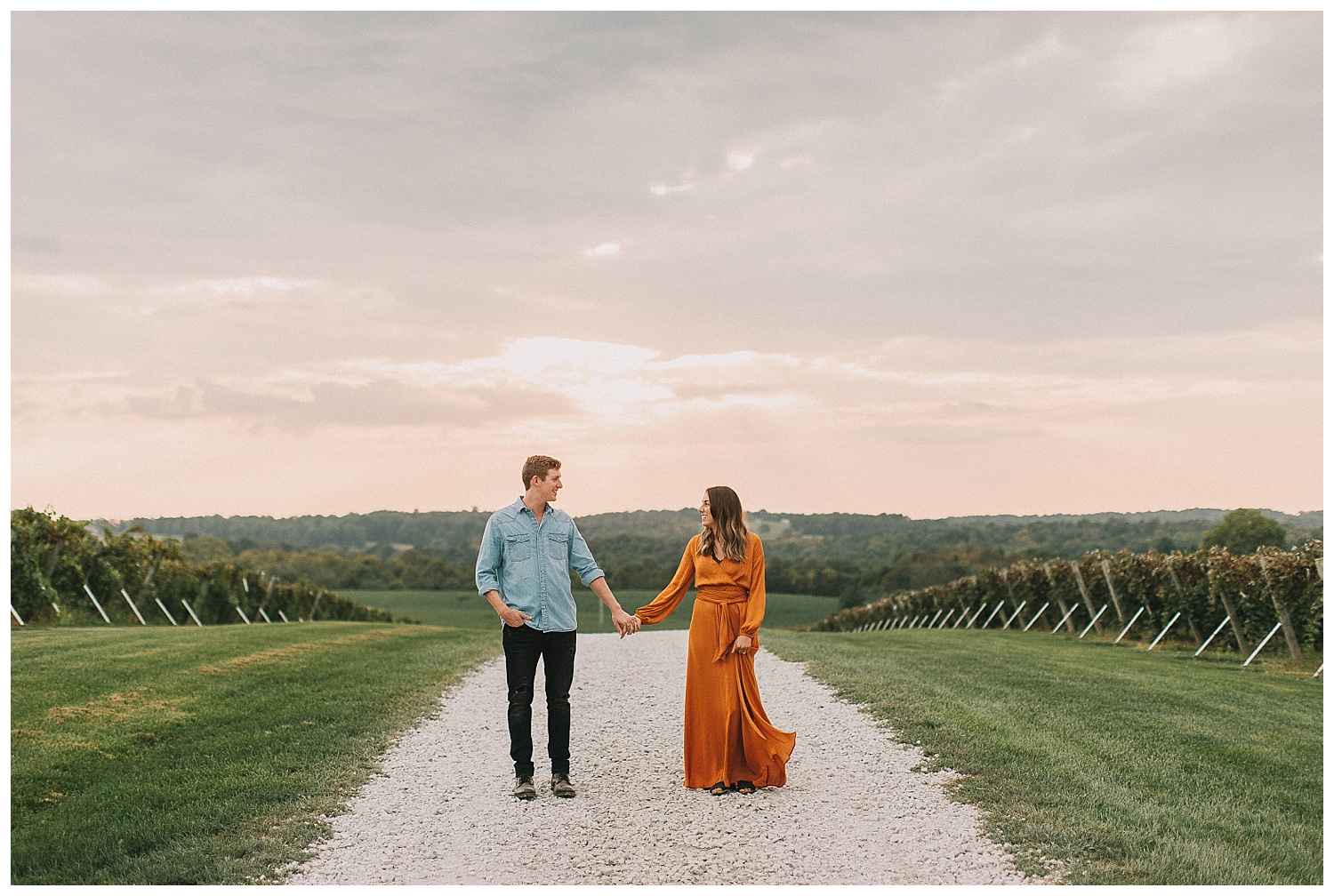 sunset engagement pictures at a winery