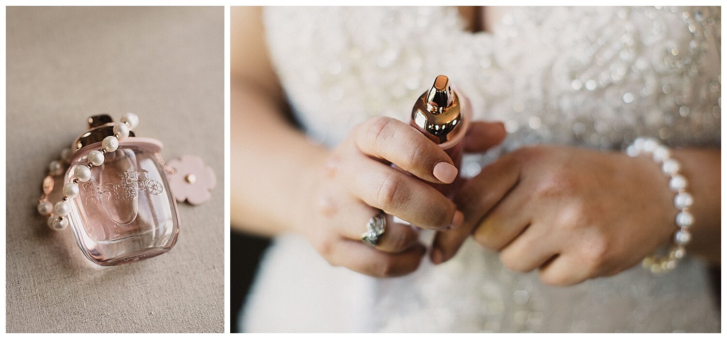 bride holding her coach perfume