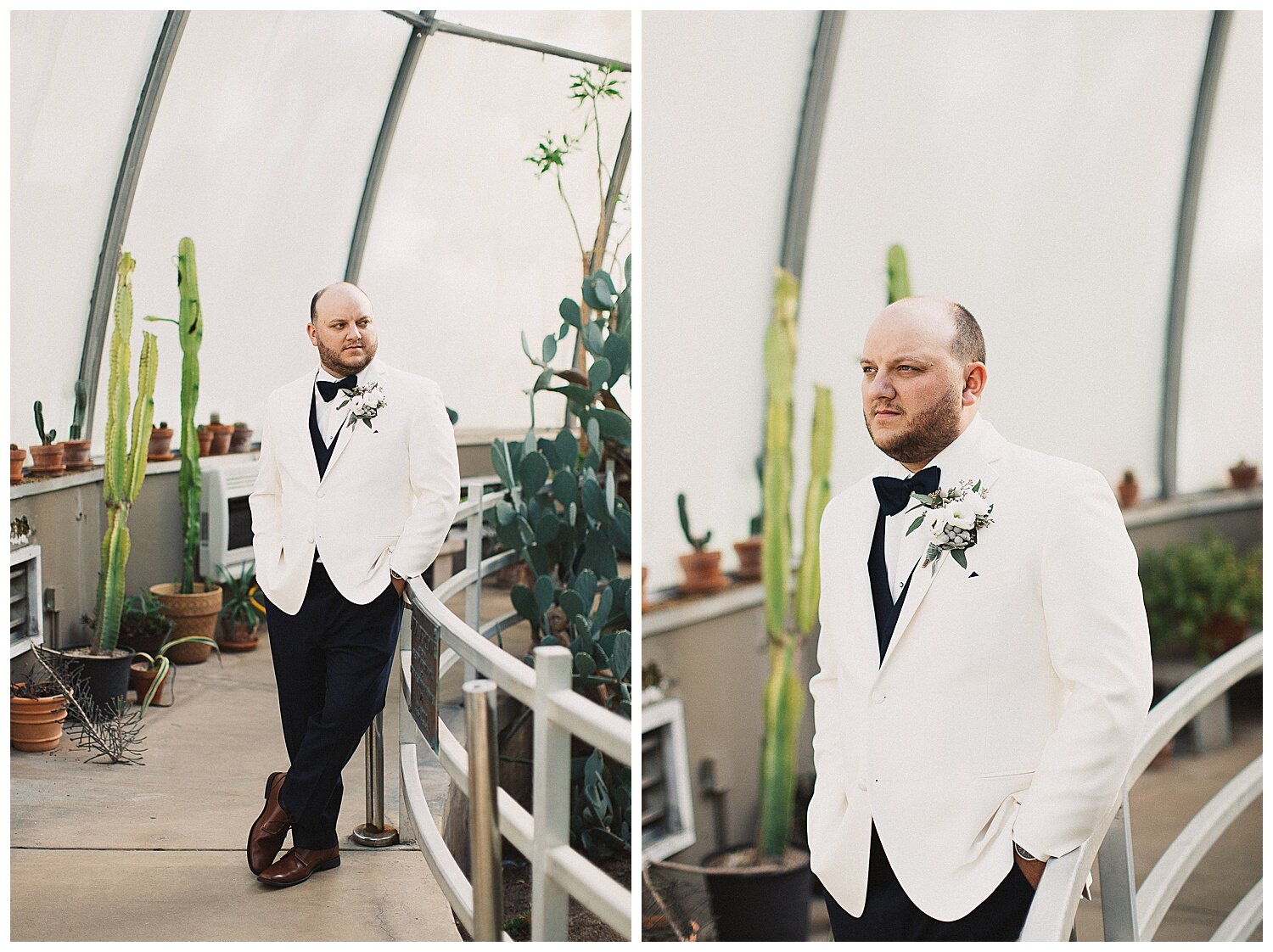 groom in a white tux at potawatomi greenhouse