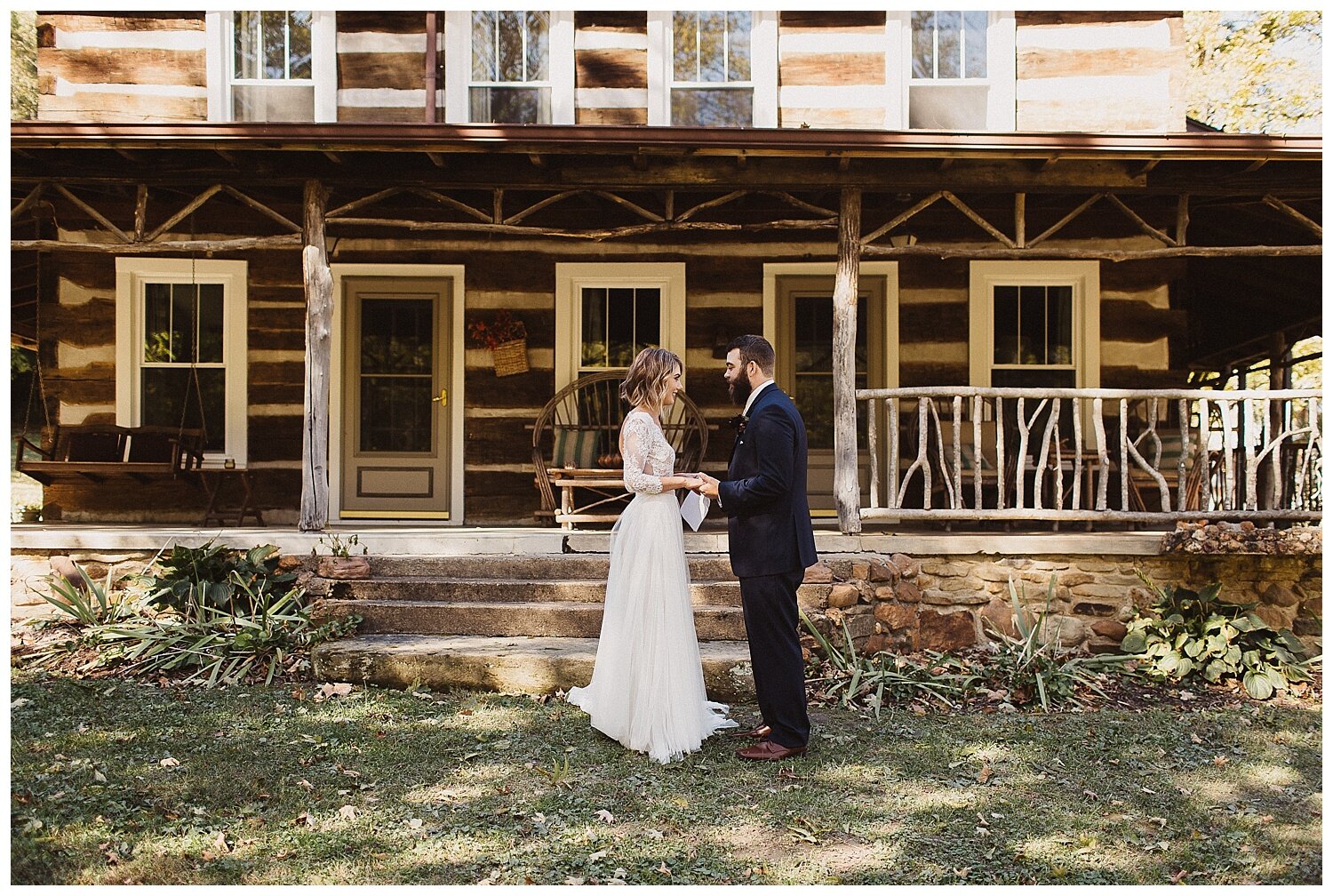 the first look with the bride and groom outside of The Old Barn at Brown County in Nashville Indiana
