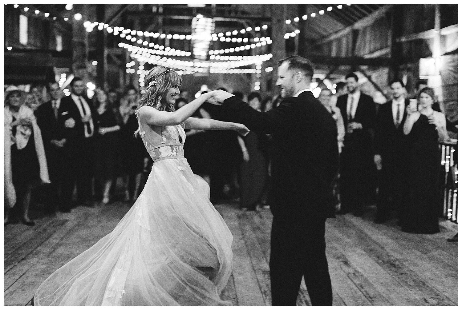 bride and groom's first dance at Old Indian Creek Farm in Olivet, Michigan